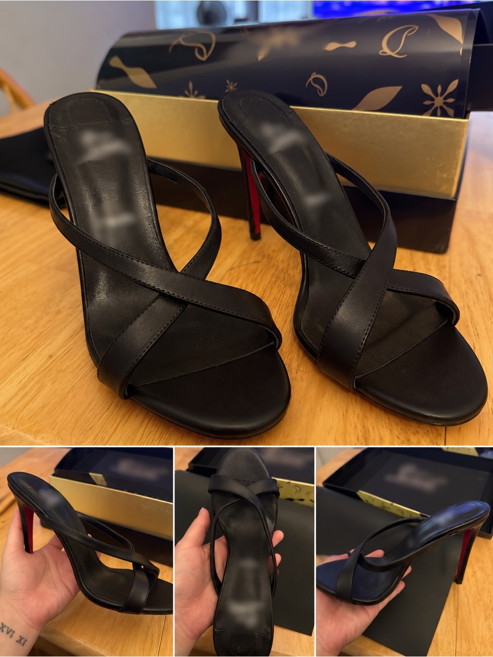 Black Strappy High Heel Sandals with Red Accent